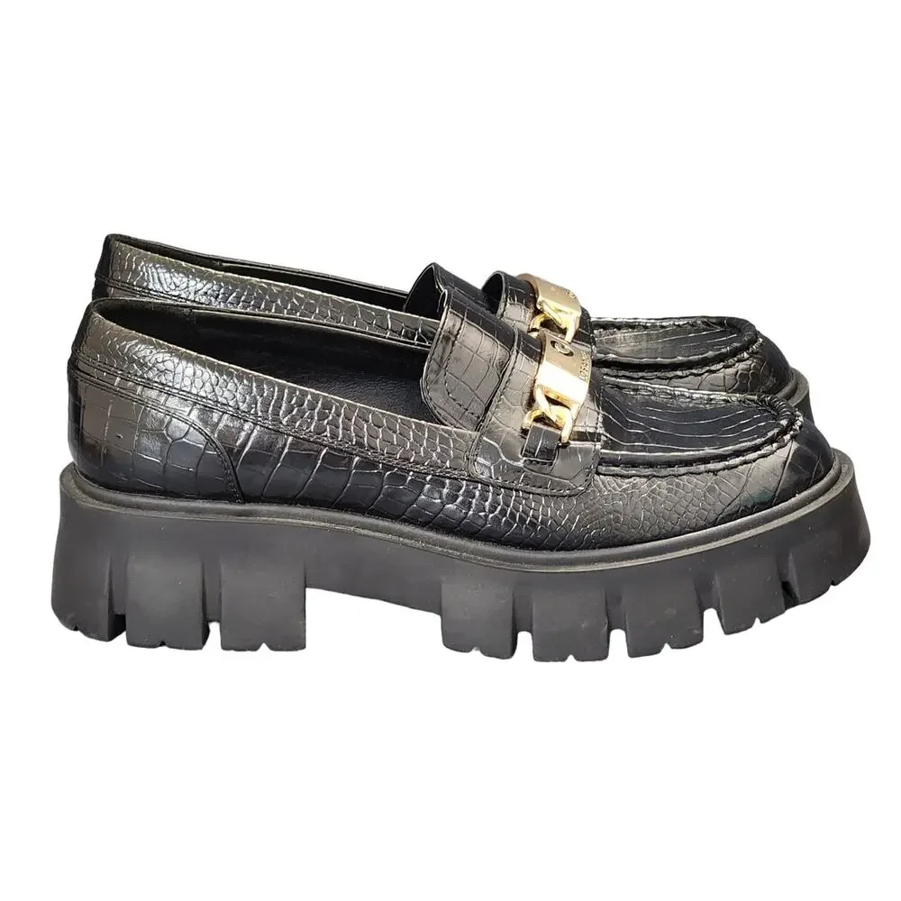 GBG Guess Womens Shoes 9M Black Gold GGCOLLIE Chunky Platform Loafers 90s Y2K